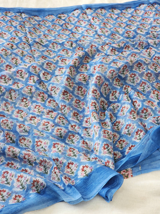 Blue Chiffon Handblock Saree