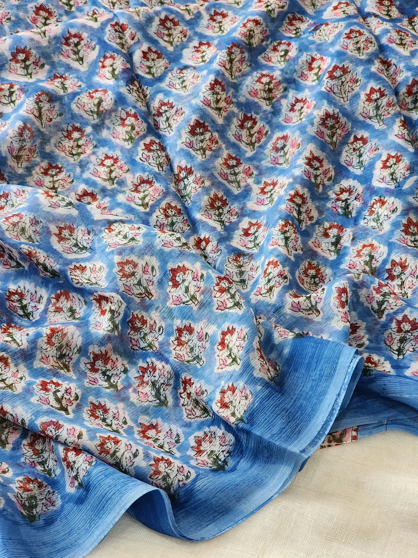 Blue Chiffon Handblock Saree