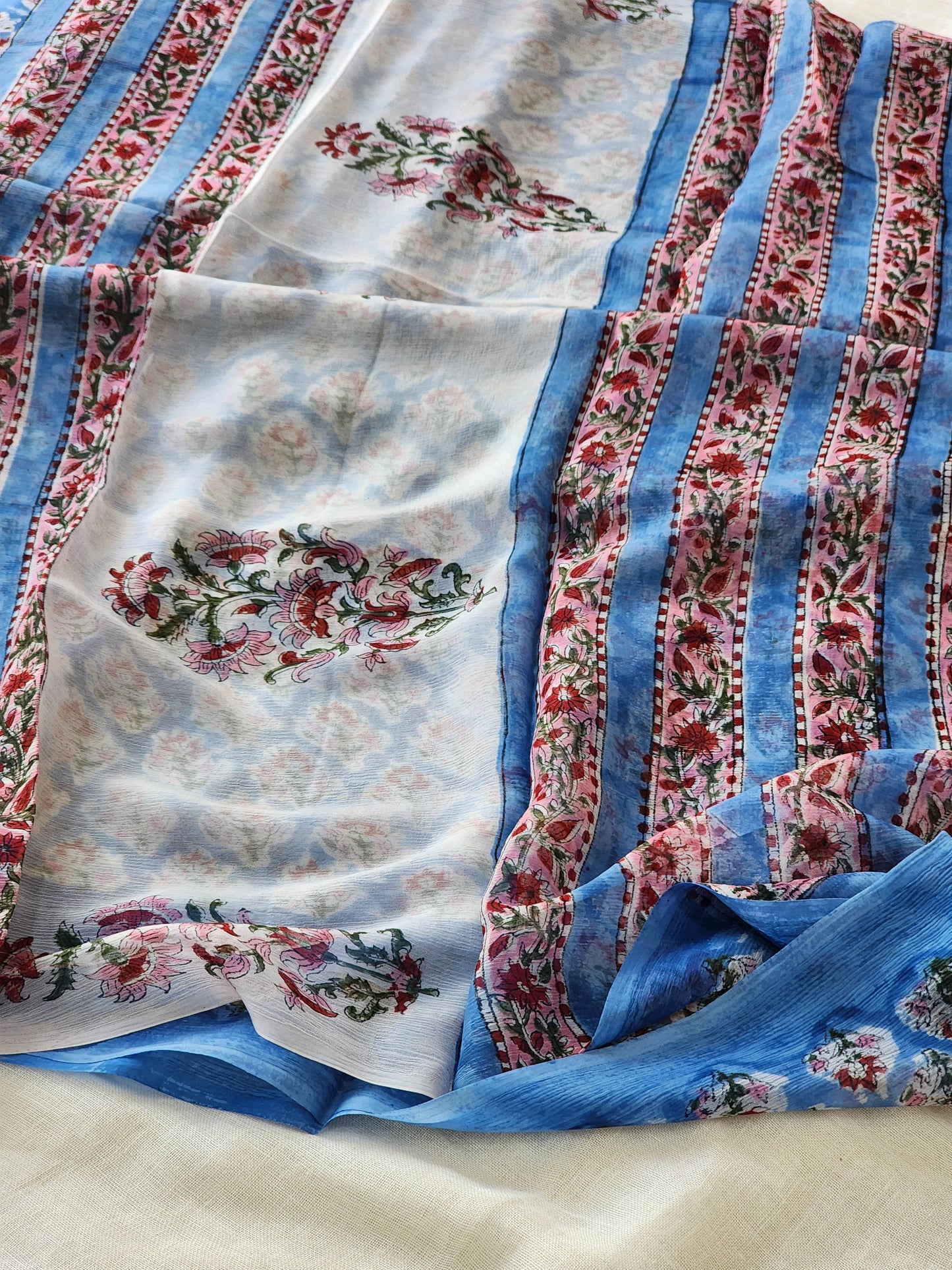 Blue Chiffon Handblock Saree