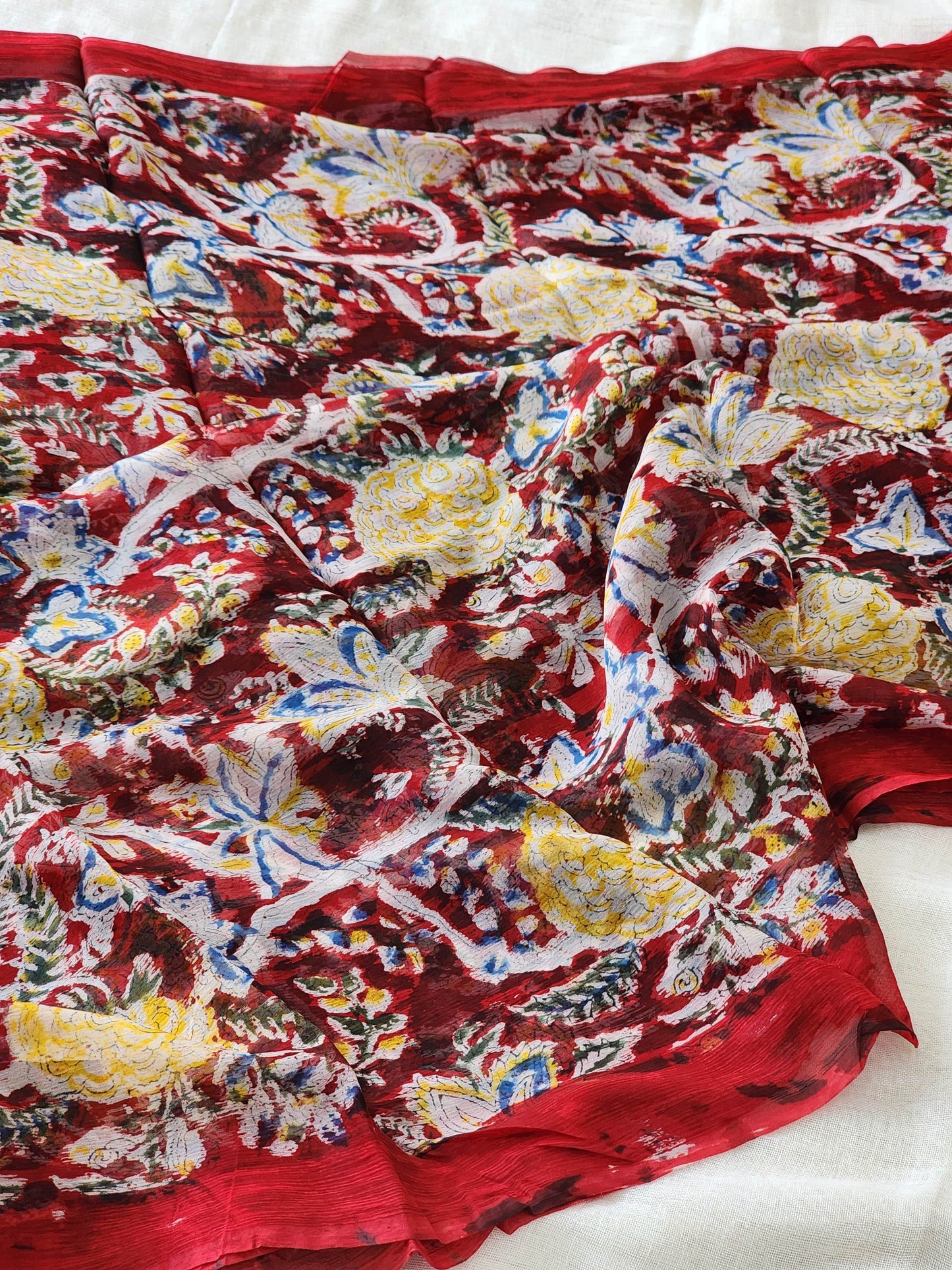 Dark Red Chiffon Handblock Saree