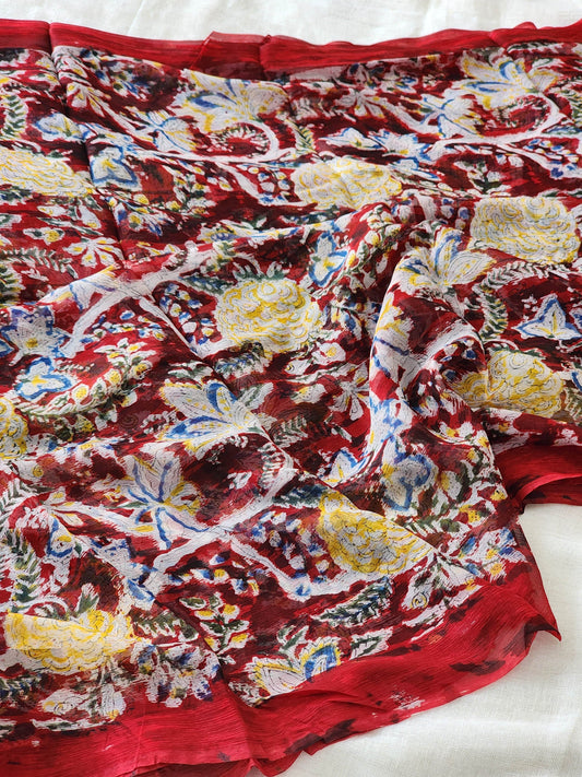 Dark Red Chiffon Handblock Saree