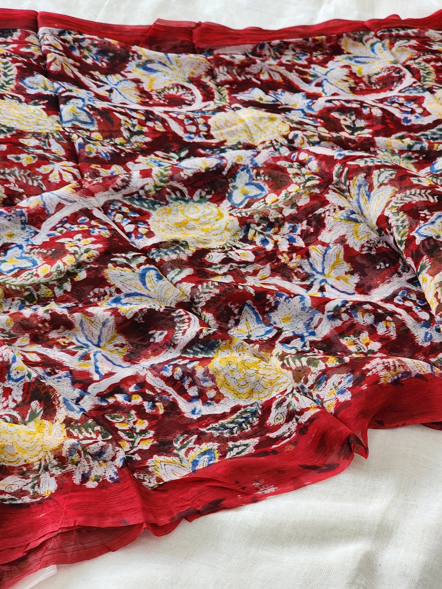 Dark Red Chiffon Handblock Saree
