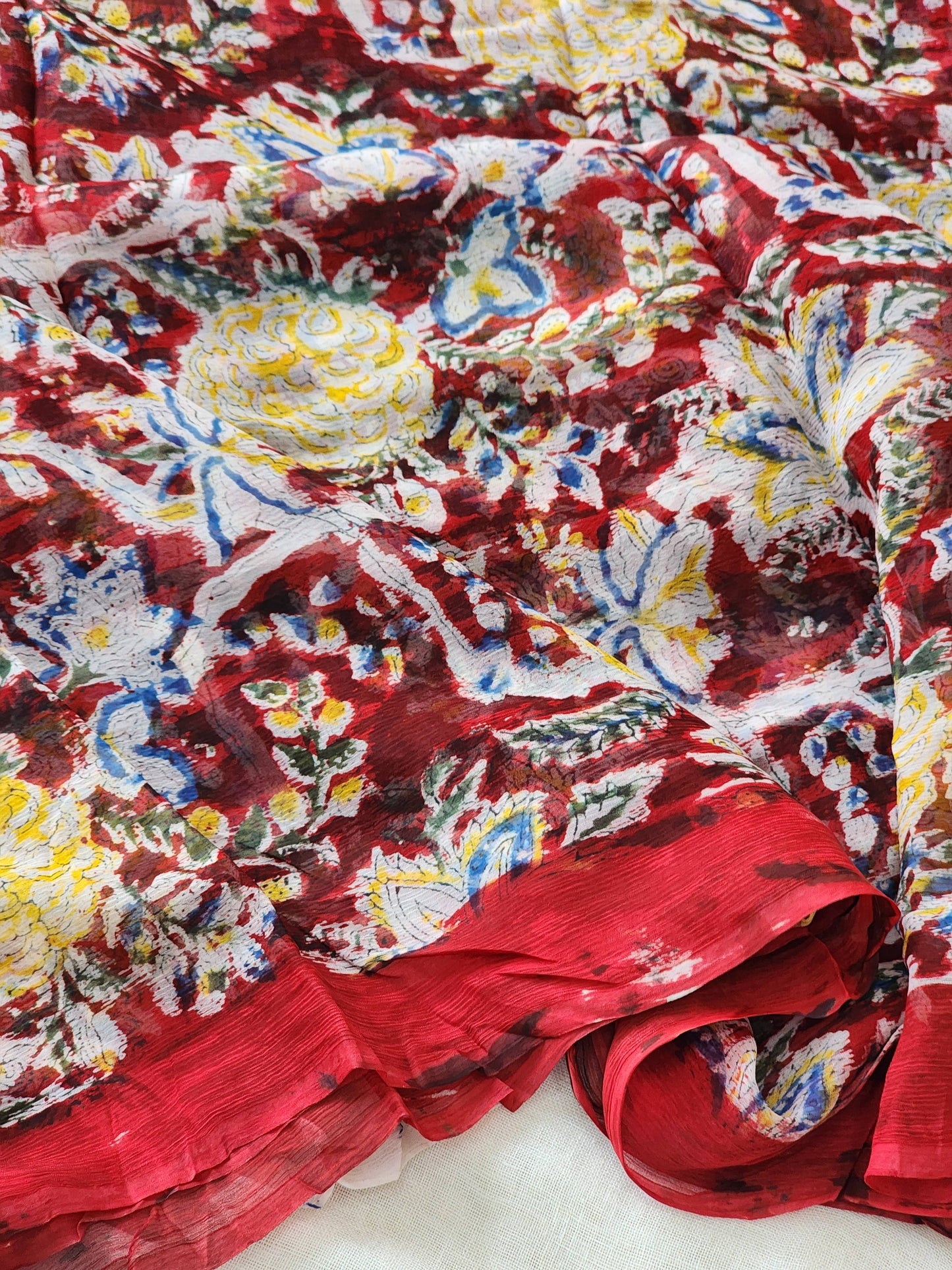 Dark Red Chiffon Handblock Saree