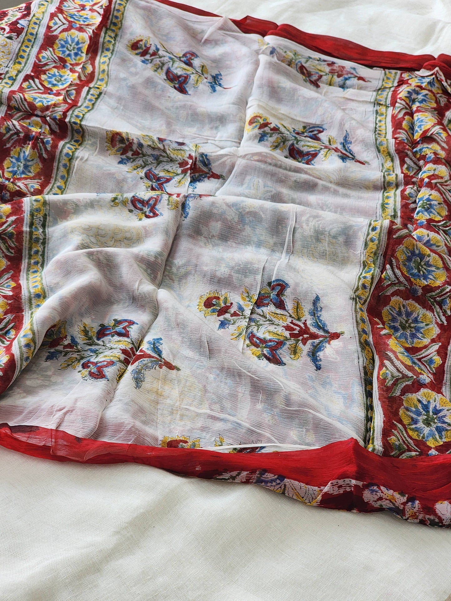 Dark Red Chiffon Handblock Saree
