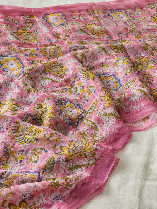 Pink Chiffon Handblock Saree