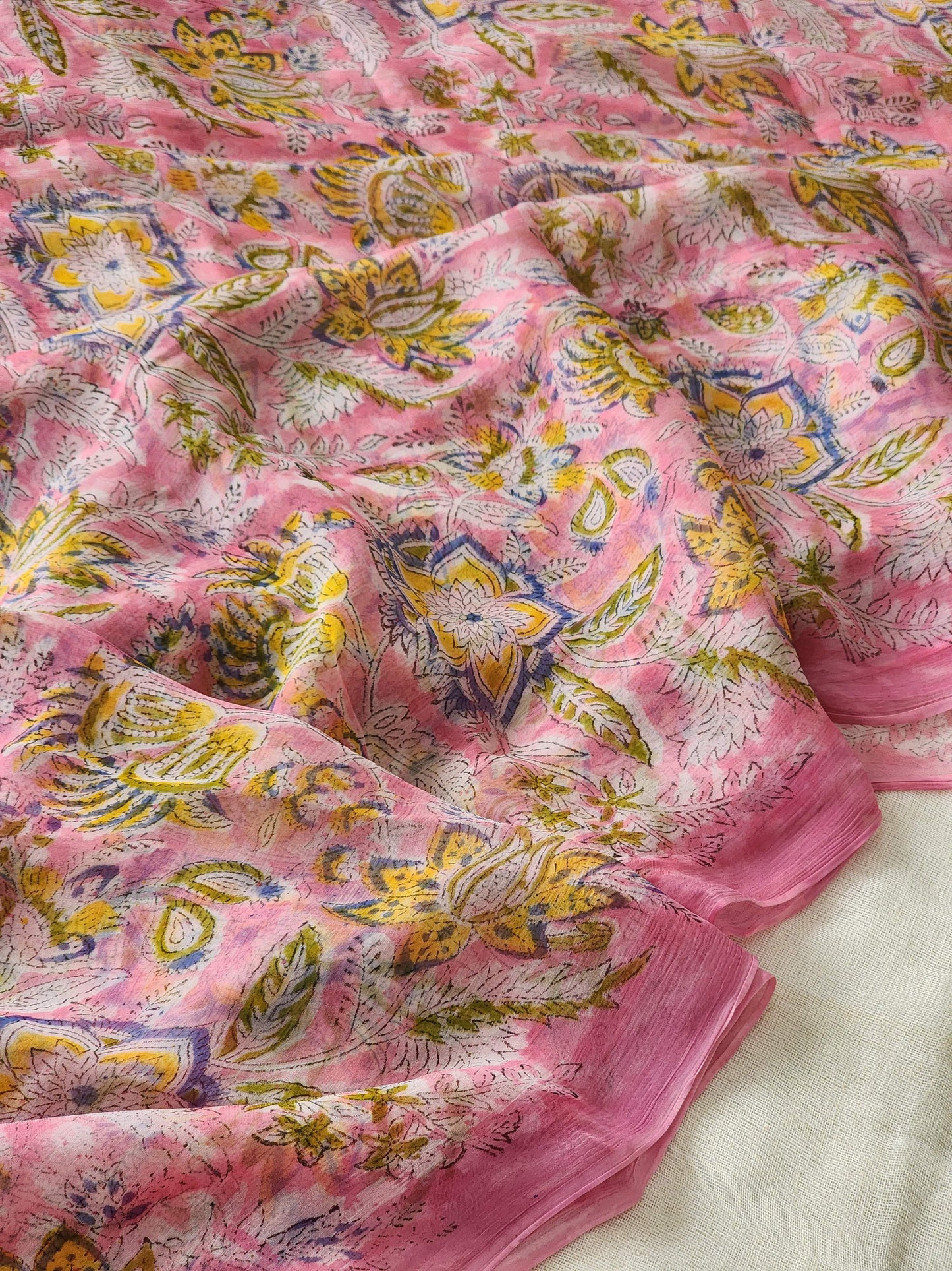Pink Chiffon Handblock Saree