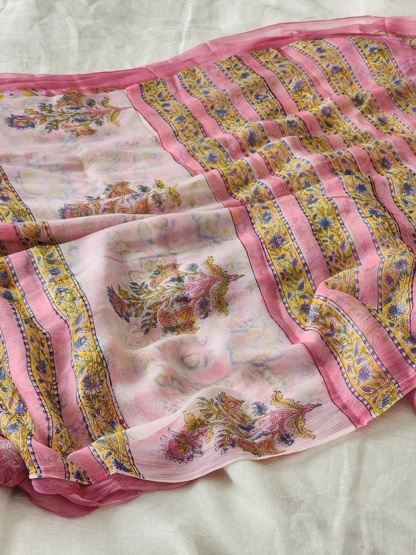 Pink Chiffon Handblock Saree