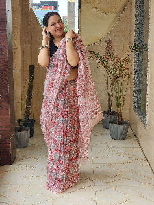 Pink handblock kota saree