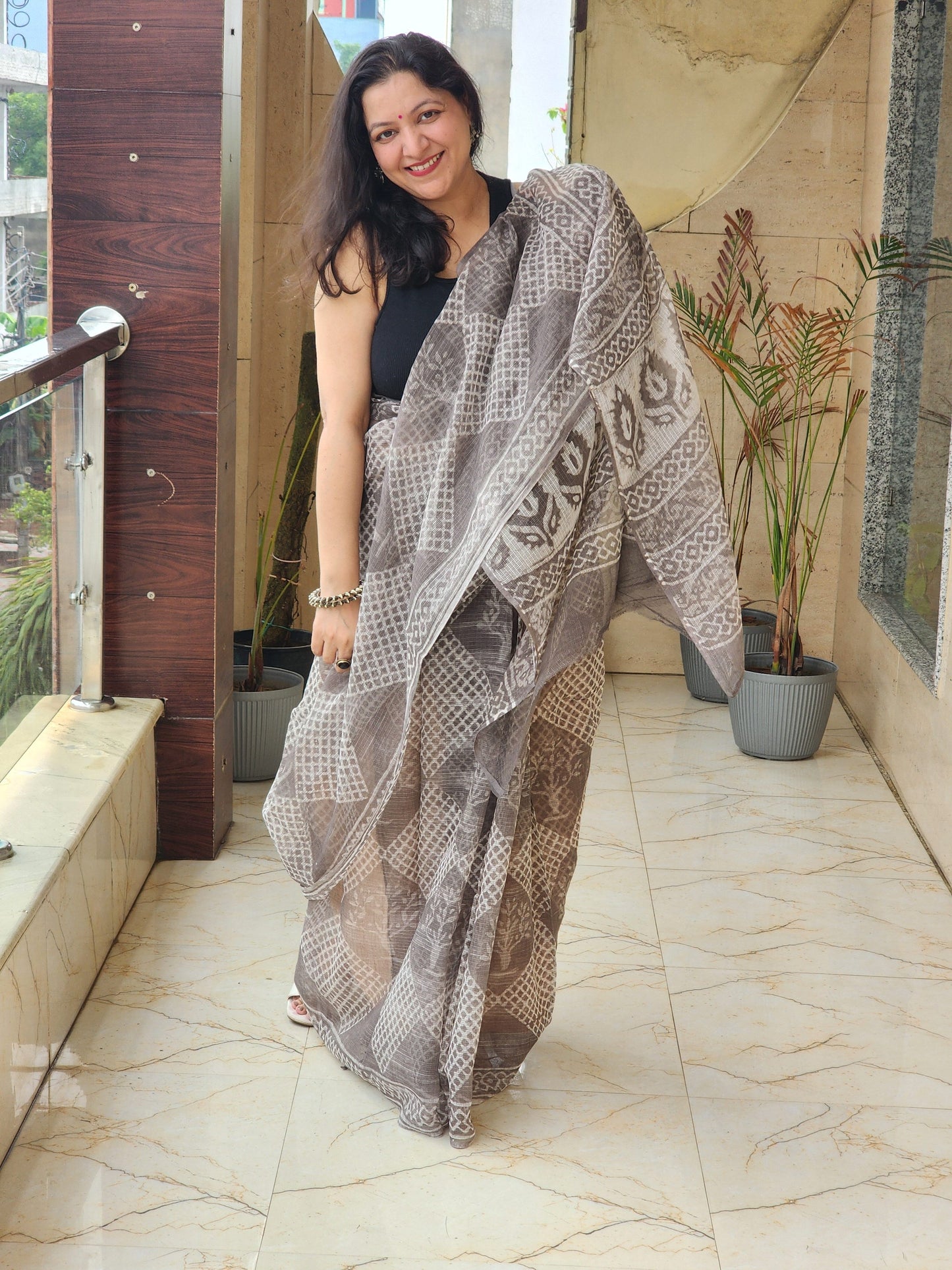 Grey handblock kota saree