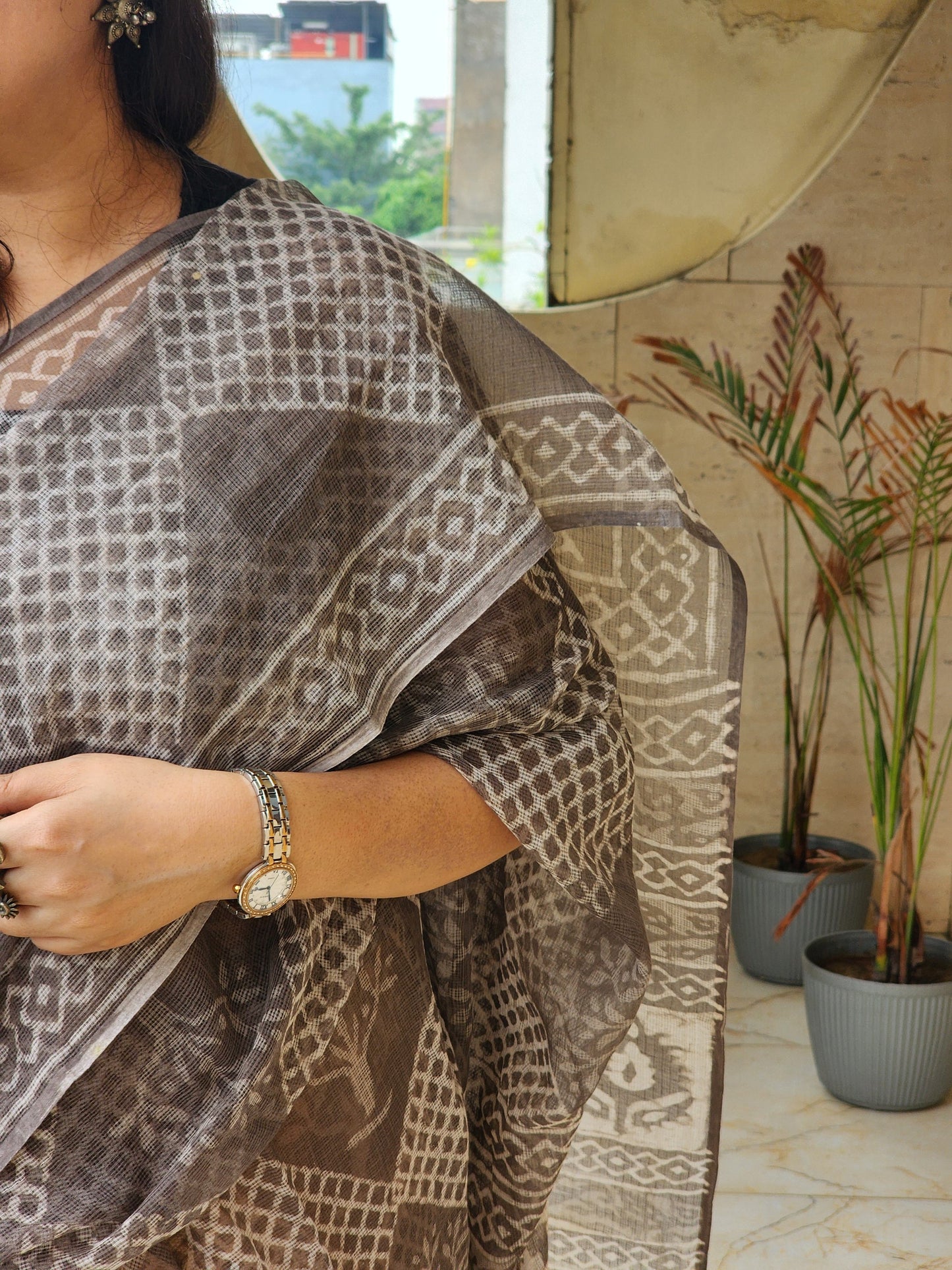 Grey handblock kota saree