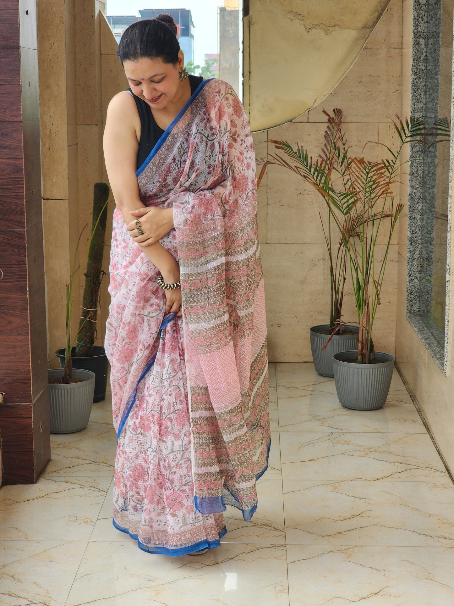 White handblock kota saree