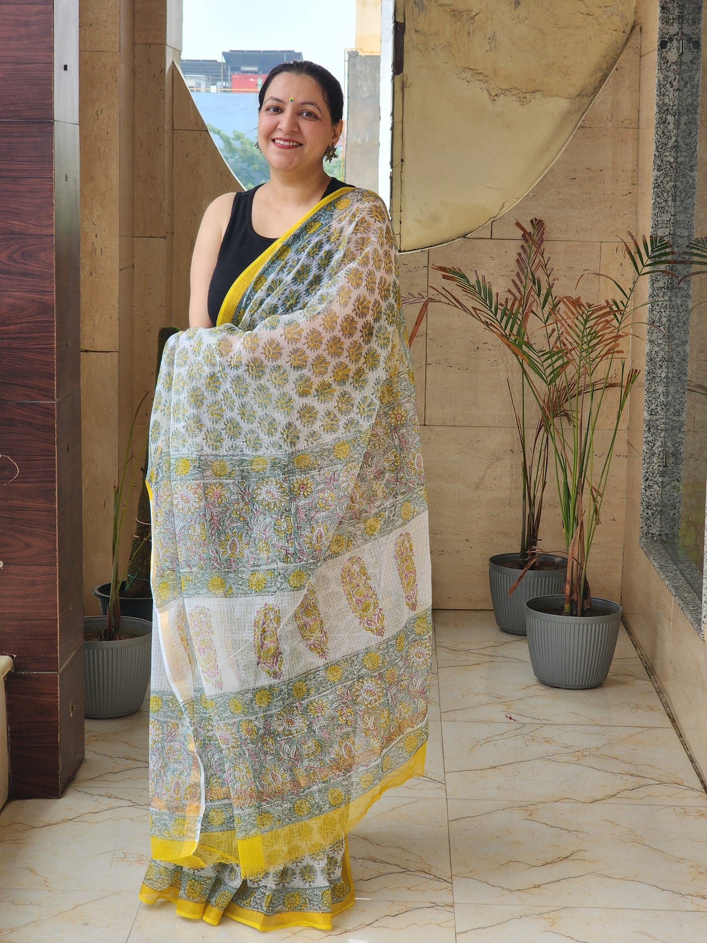 White handblock kota saree