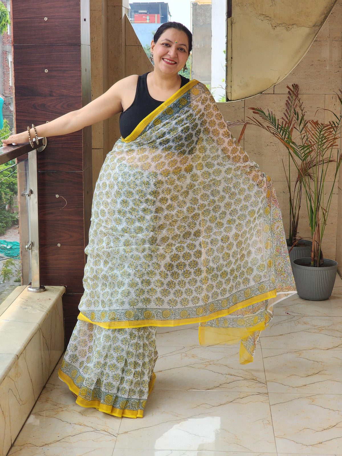 White handblock kota saree