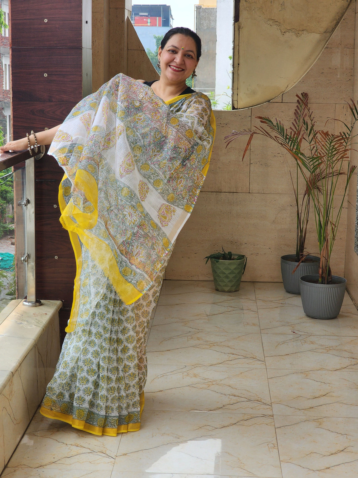 White handblock kota saree