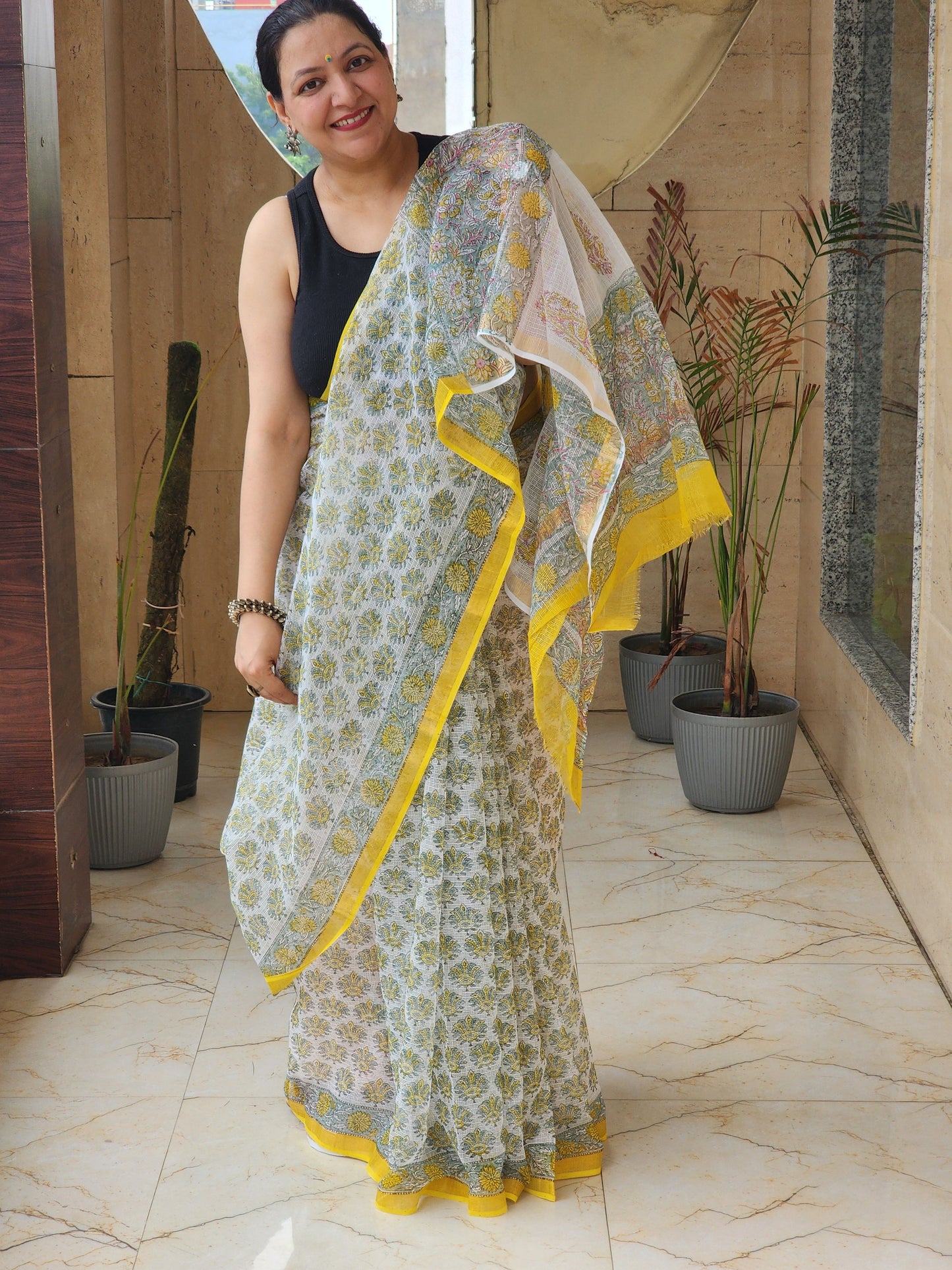 White handblock kota saree