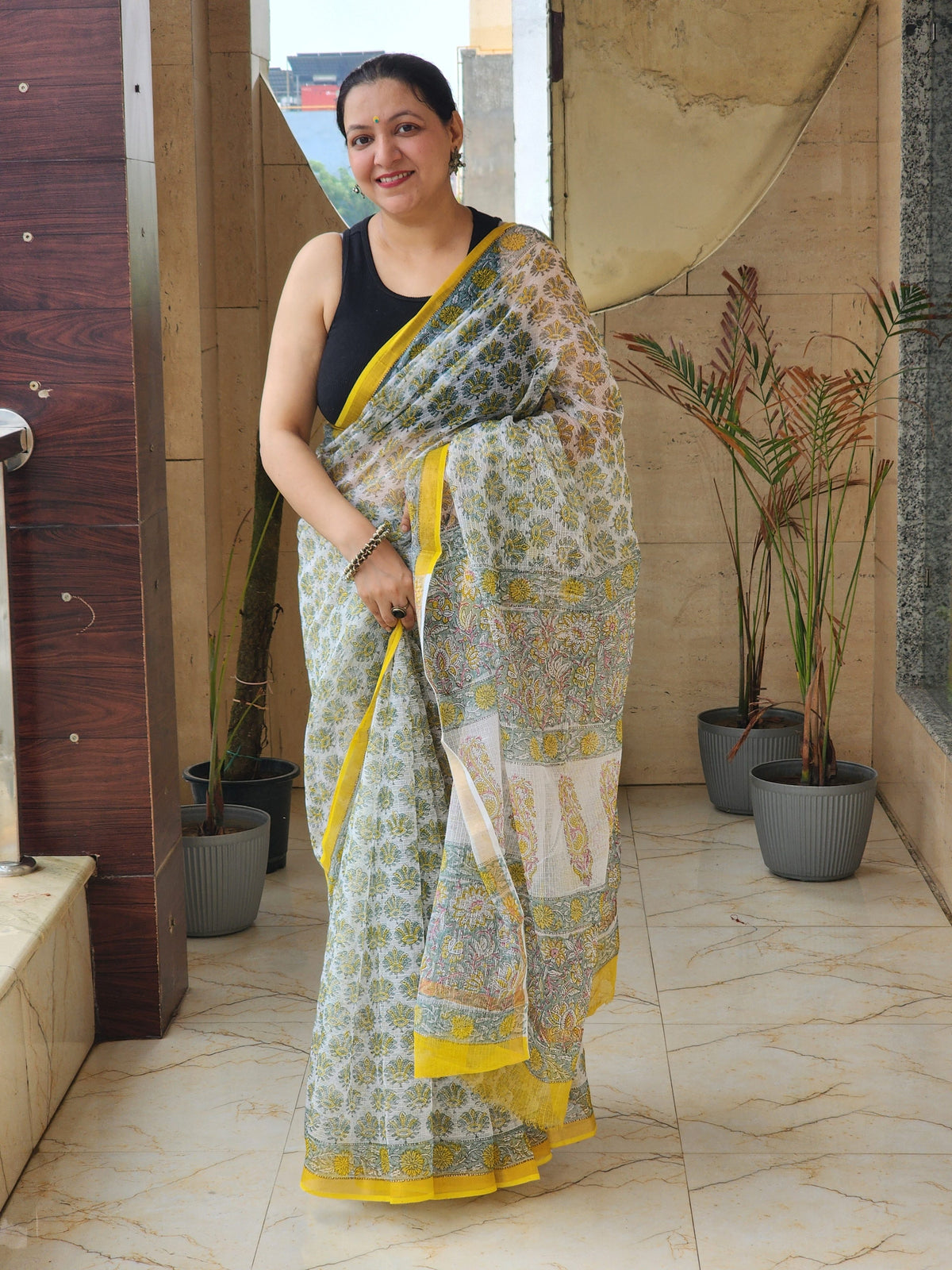 White handblock kota saree