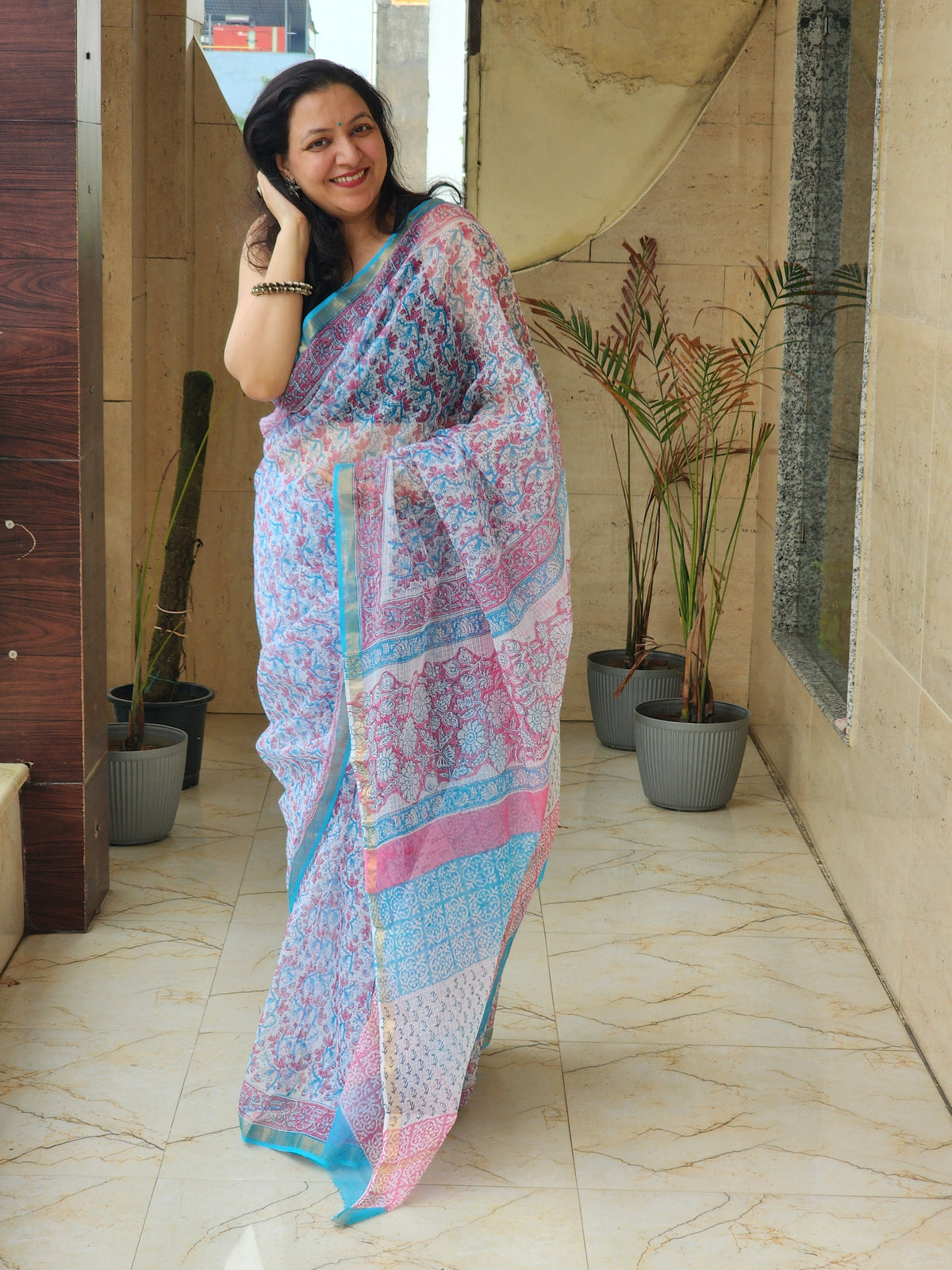 Blue handblock kota saree