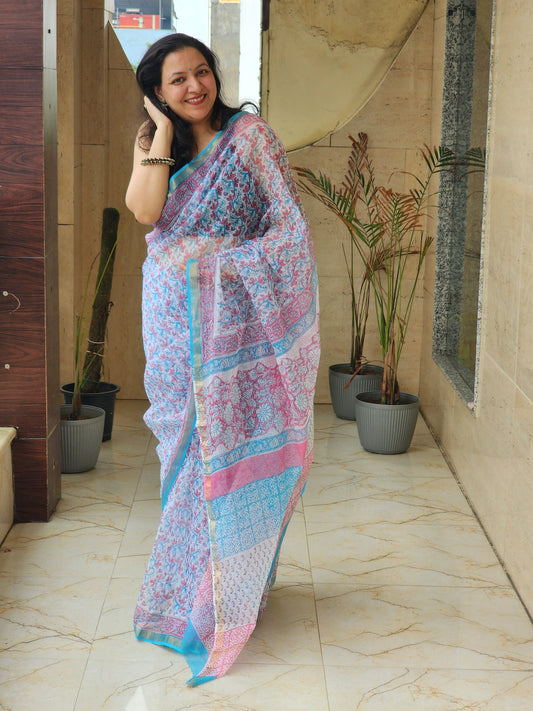Blue handblock kota saree