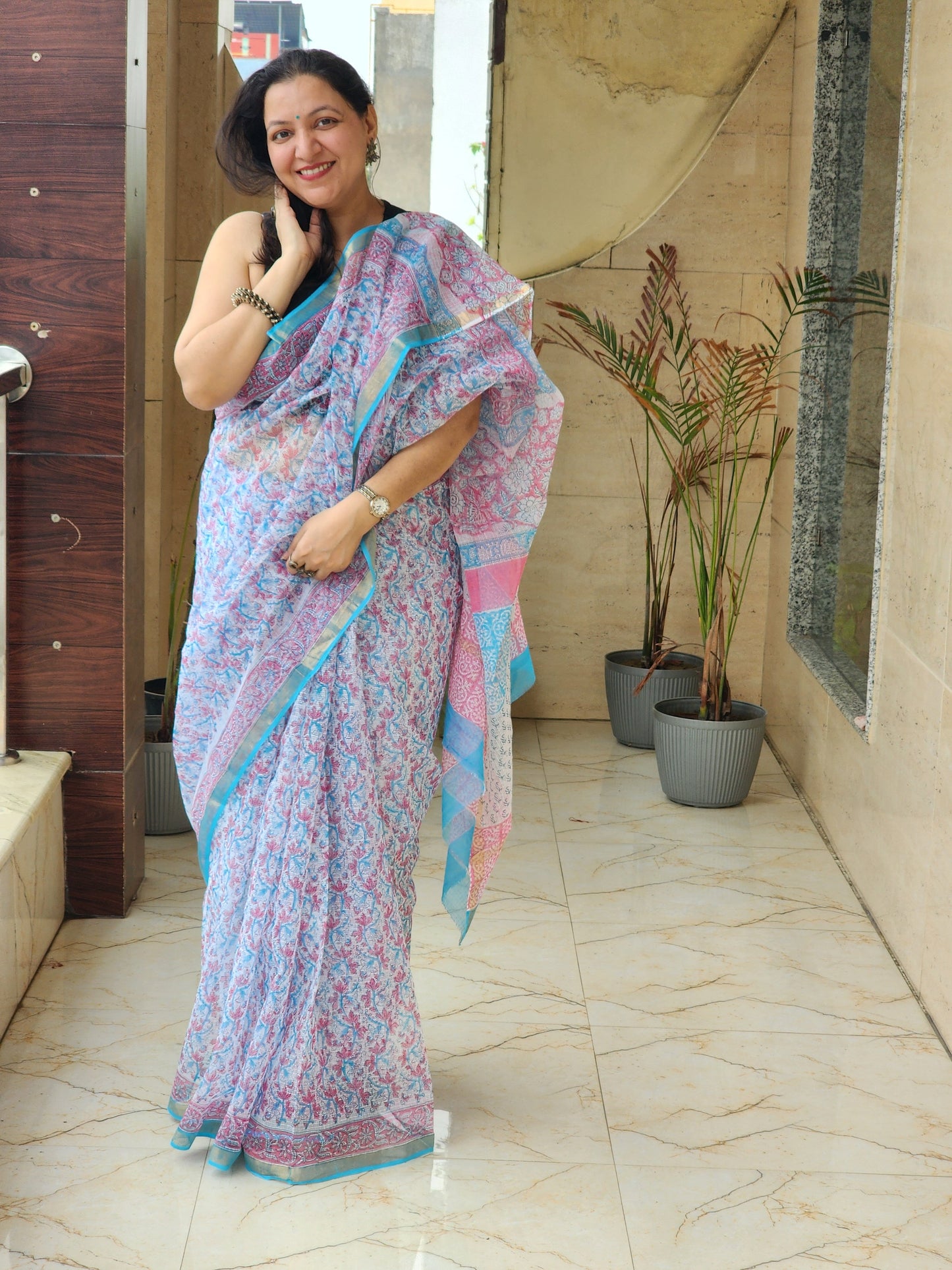 Blue handblock kota saree