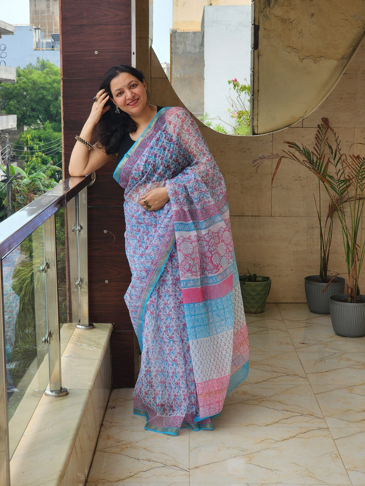Blue handblock kota saree