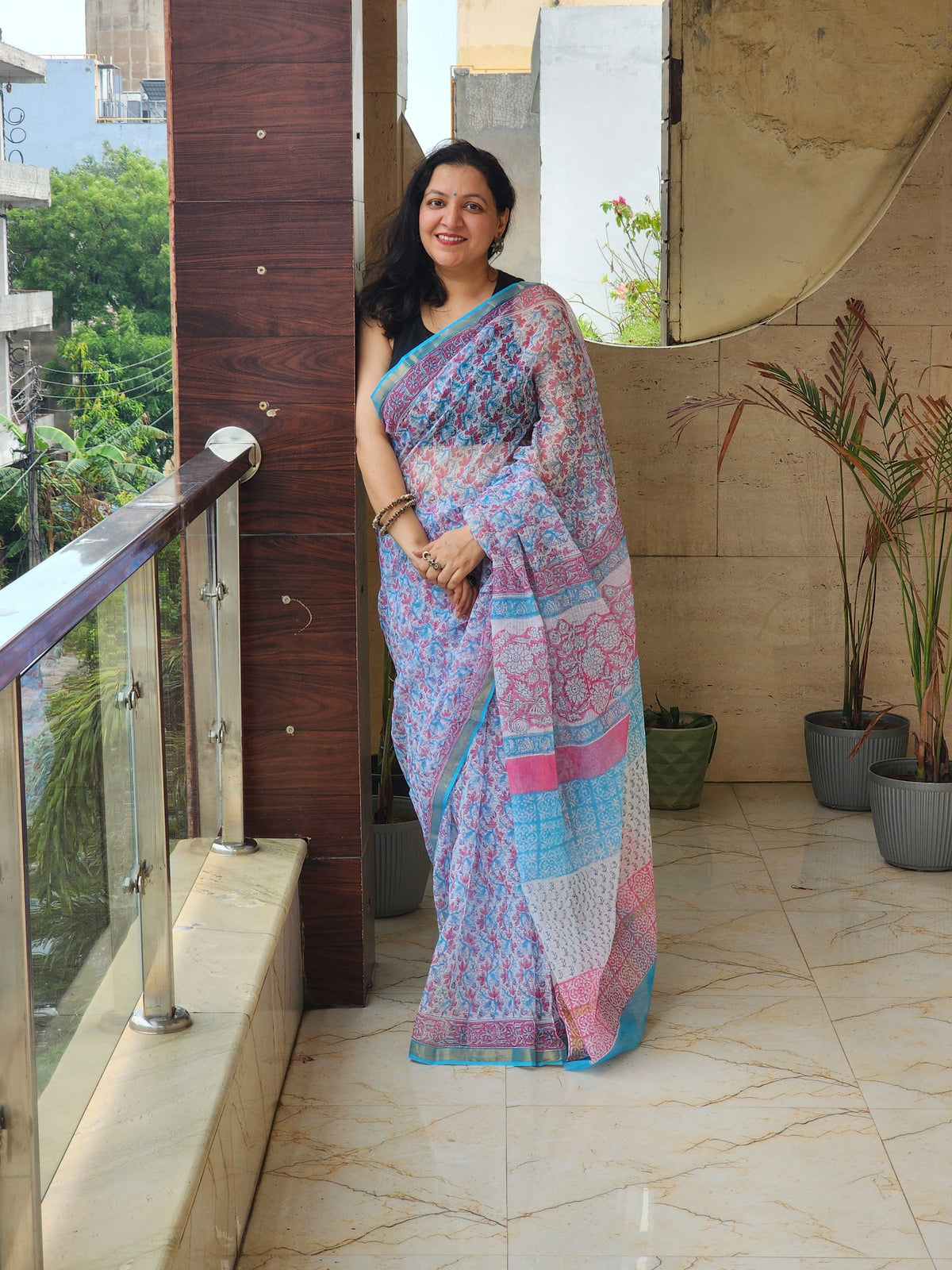 Blue handblock kota saree
