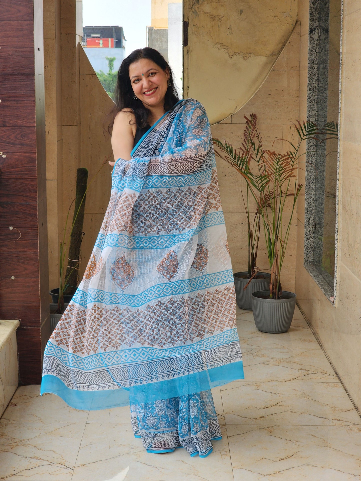 Blue handblock kota saree