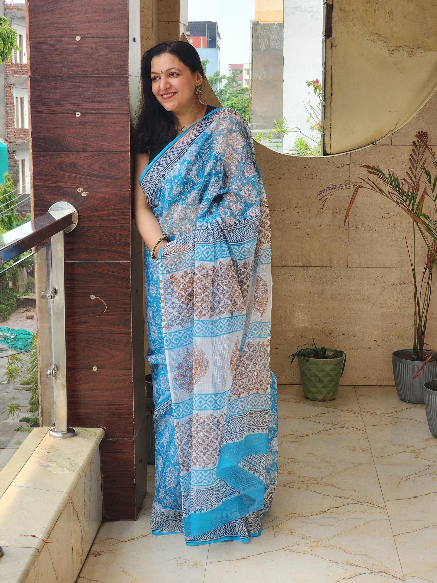 Blue handblock kota saree