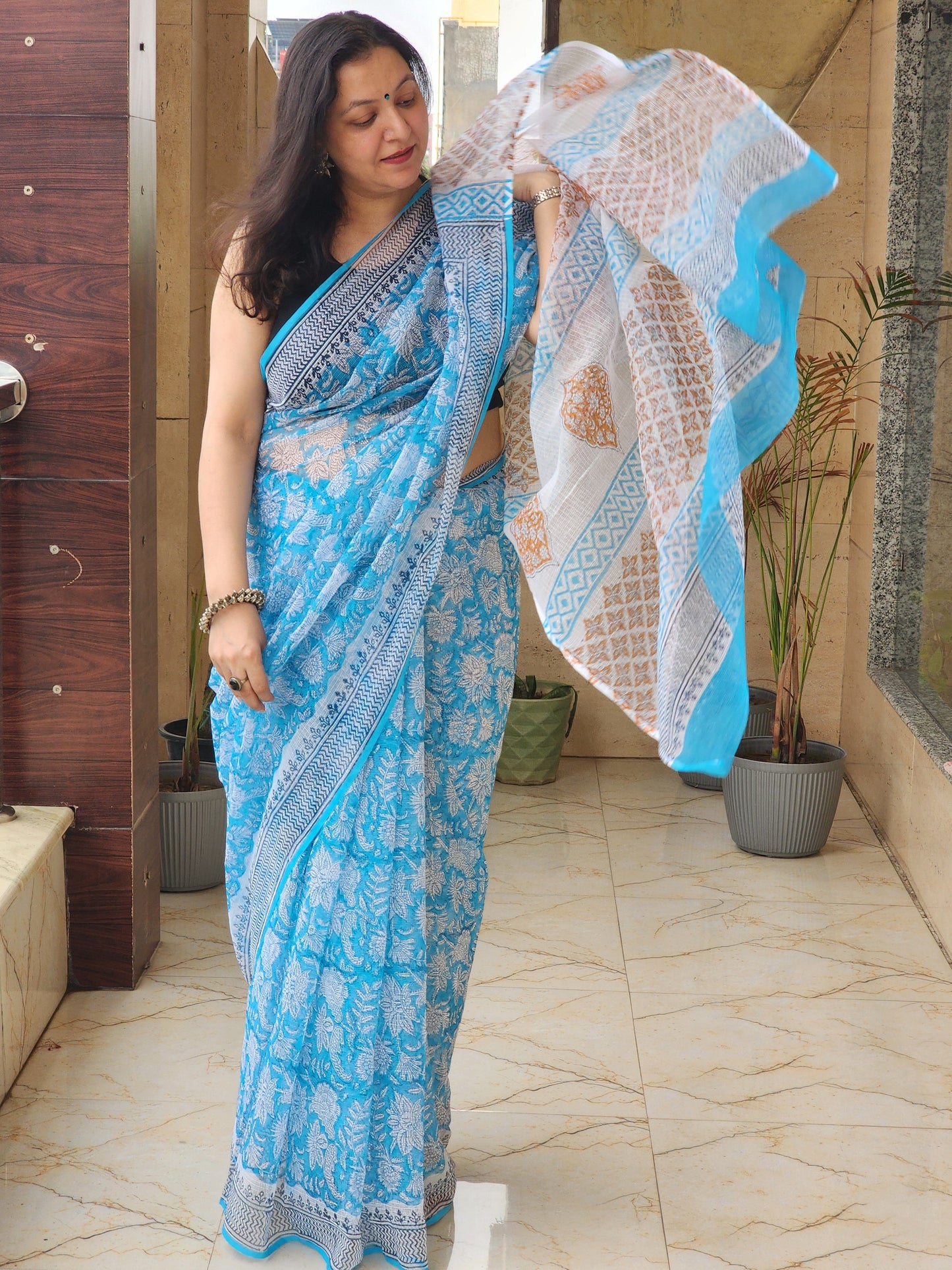 Blue handblock kota saree