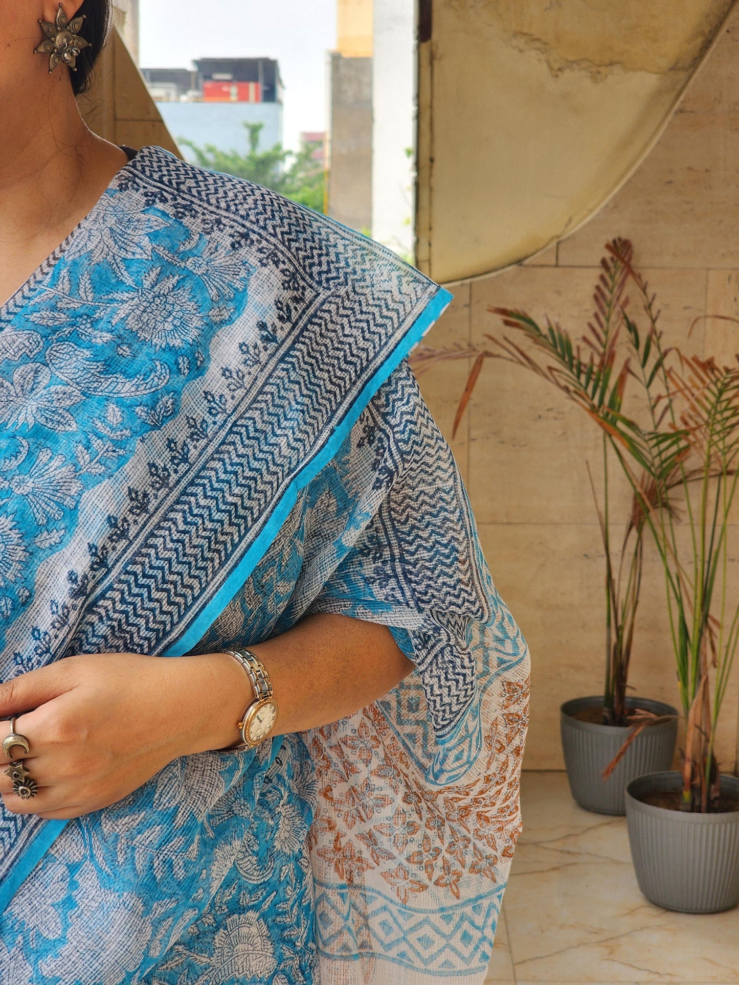 Blue handblock kota saree
