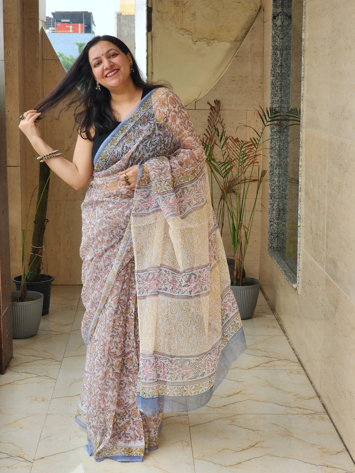 White handblock kota saree