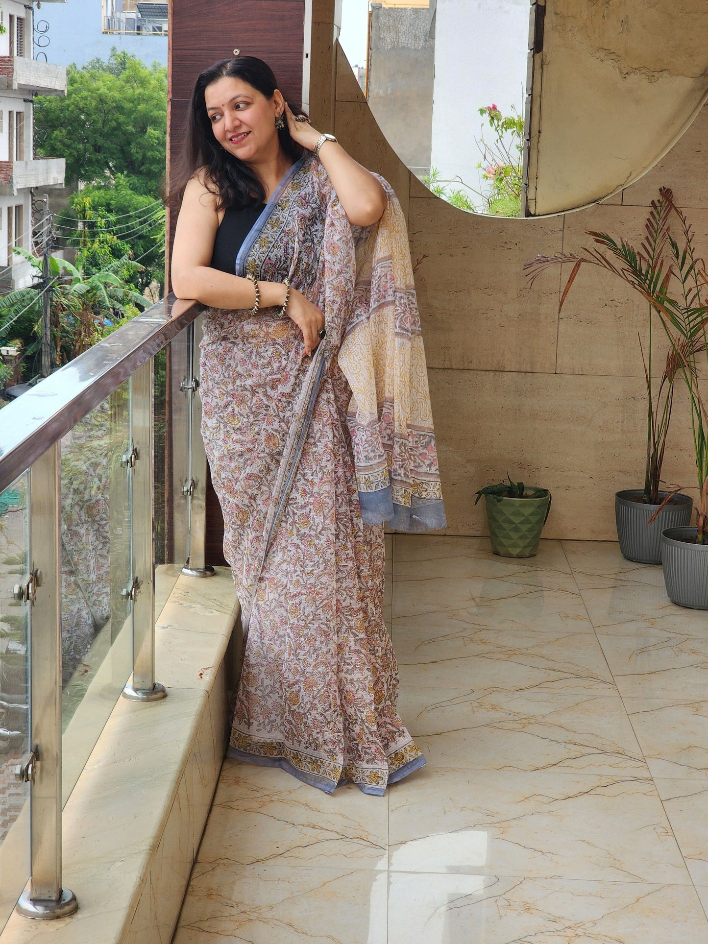 White handblock kota saree