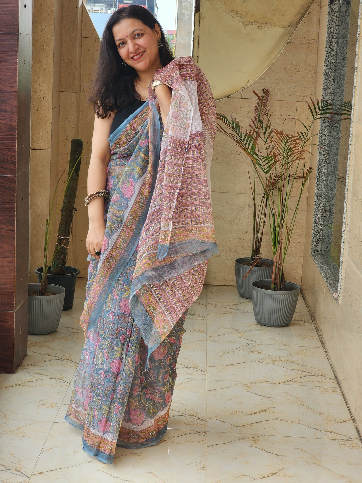 Blue handblock kota saree