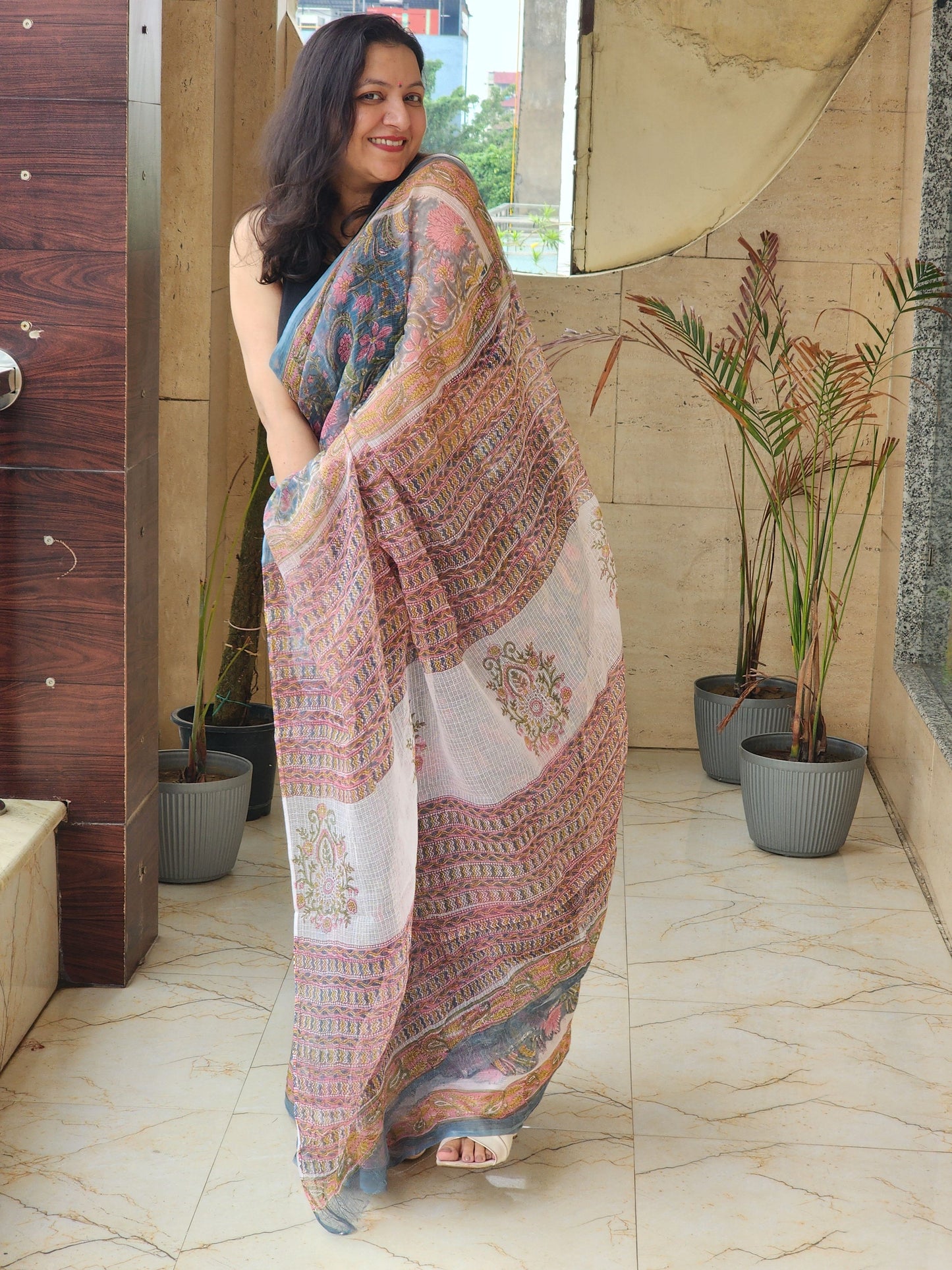 Blue handblock kota saree