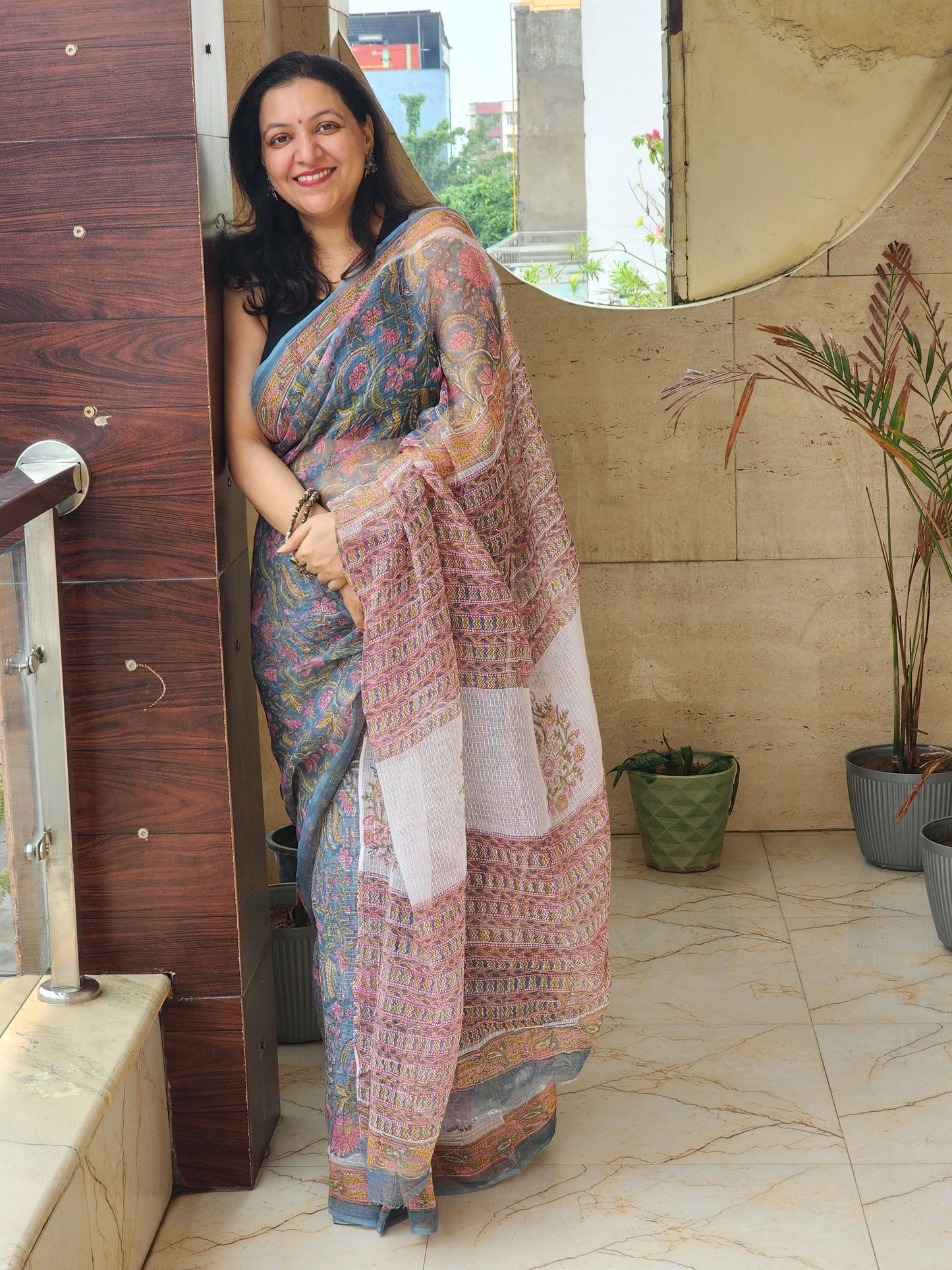 Blue handblock kota saree