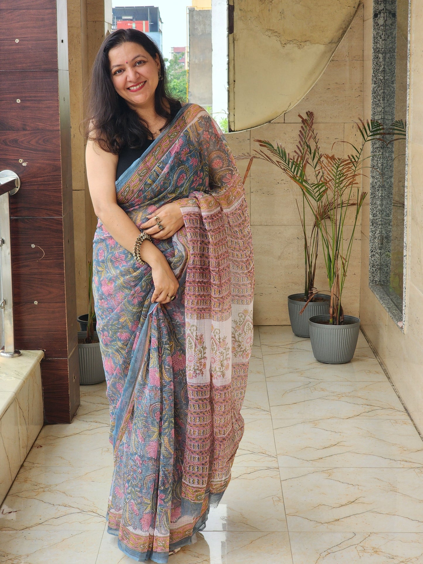 Blue handblock kota saree