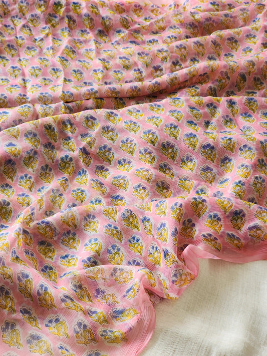 Pink Chiffon Handblock Saree