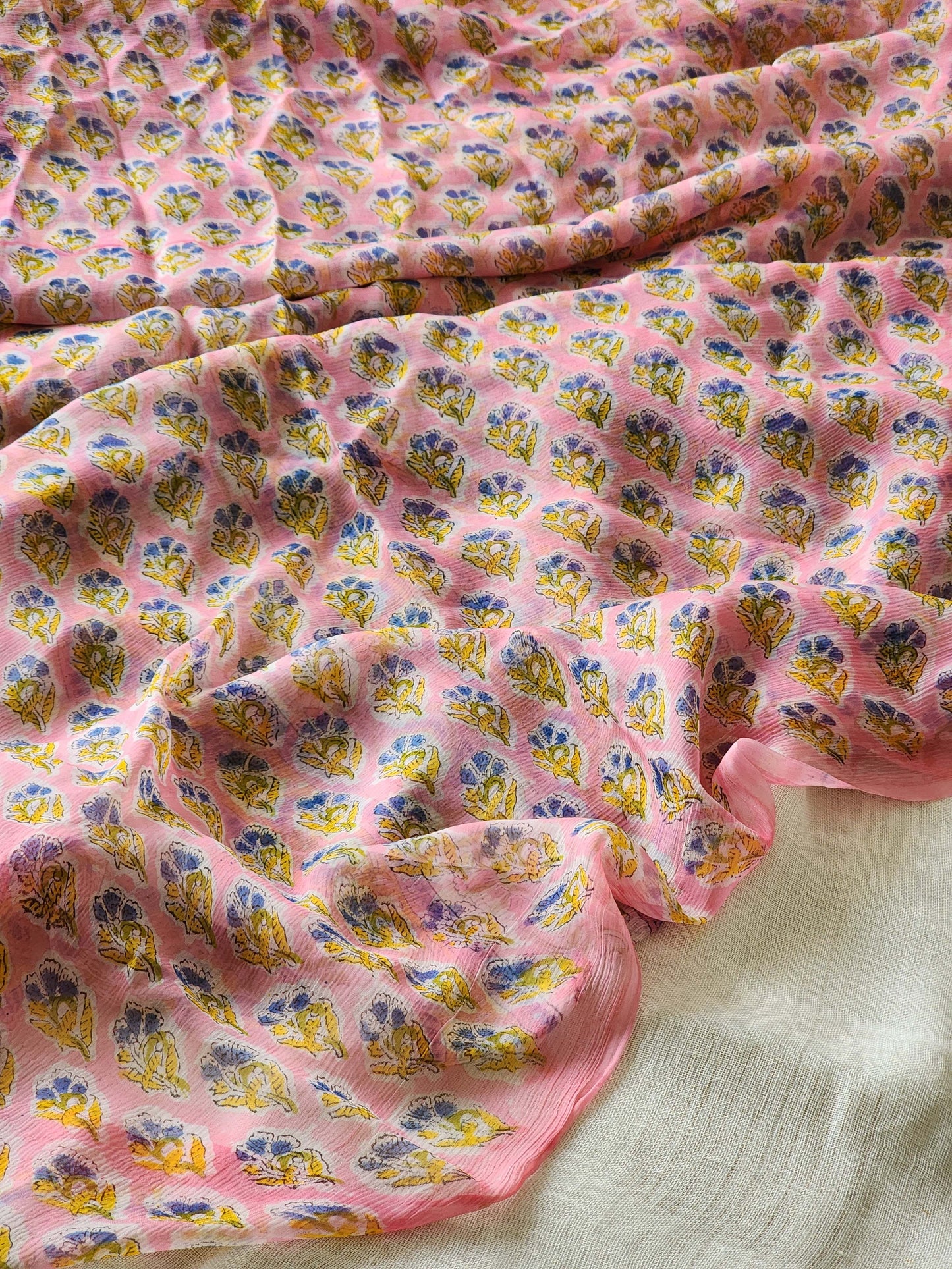 Pink Chiffon Handblock Saree