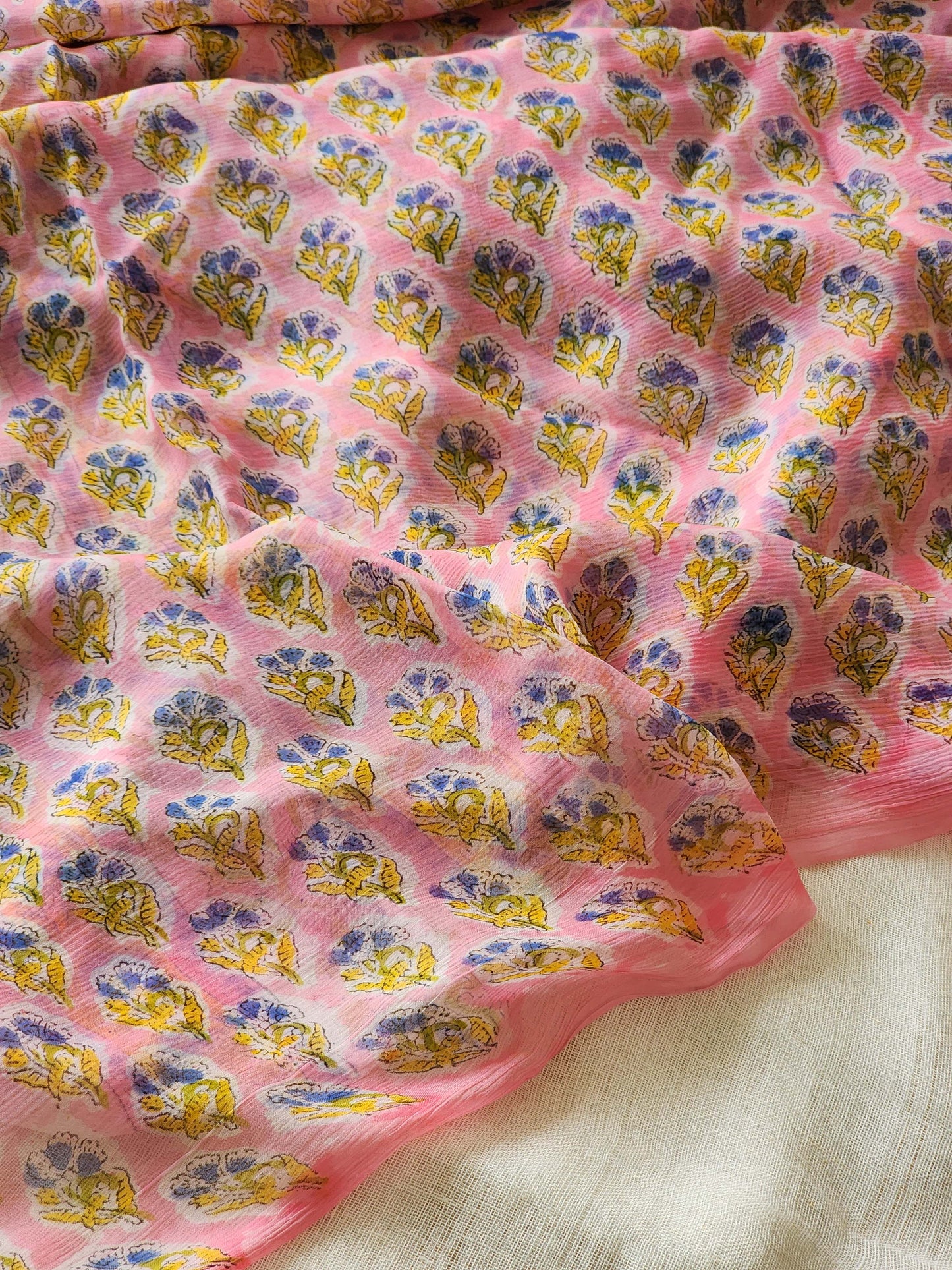 Pink Chiffon Handblock Saree