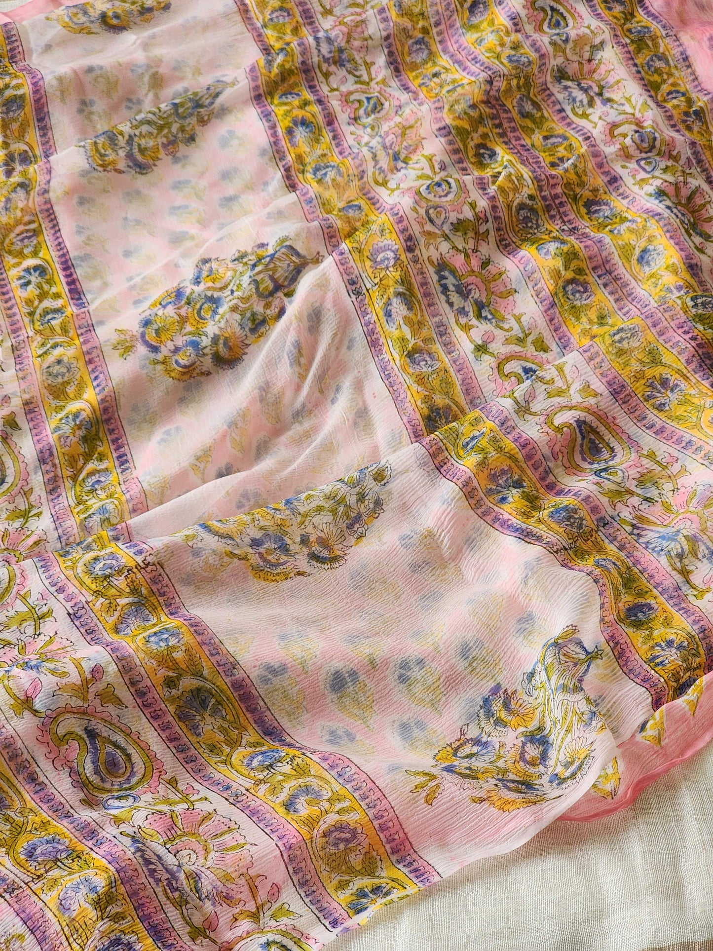 Pink Chiffon Handblock Saree