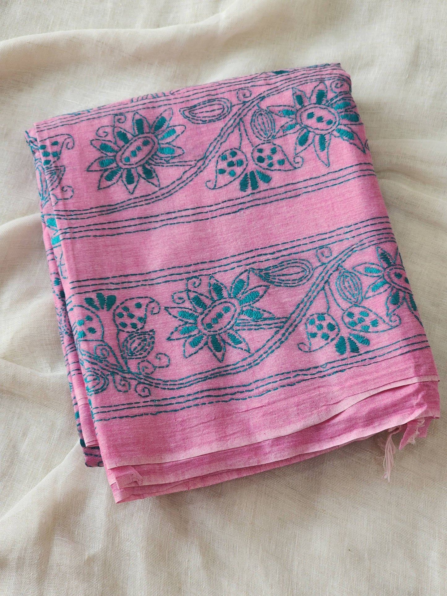 Pink Kantha Cotton Saree