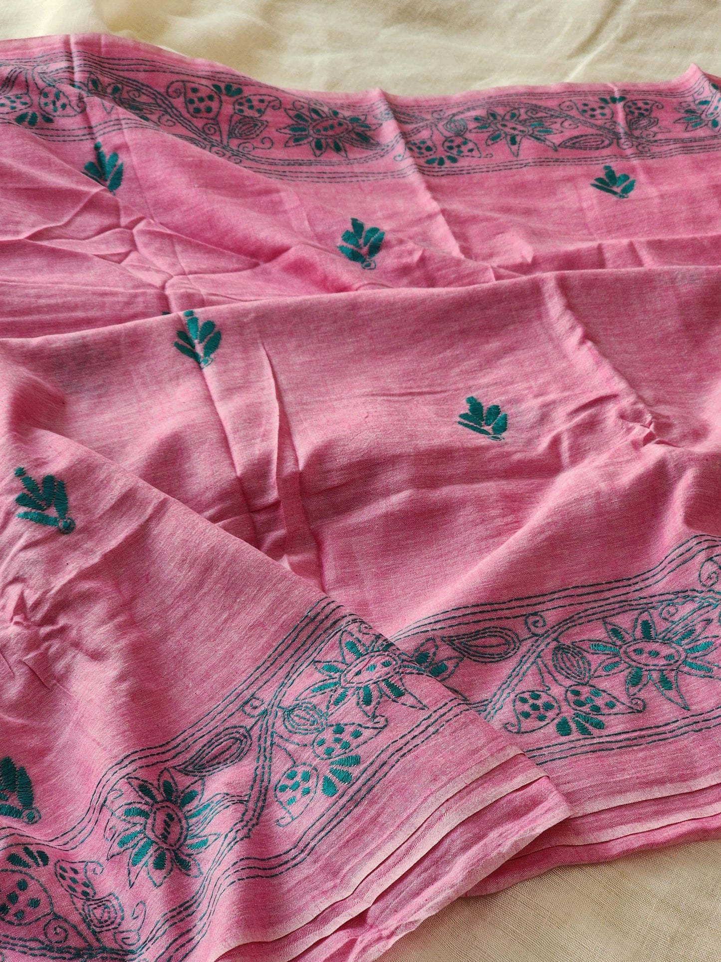 Pink Kantha Cotton Saree
