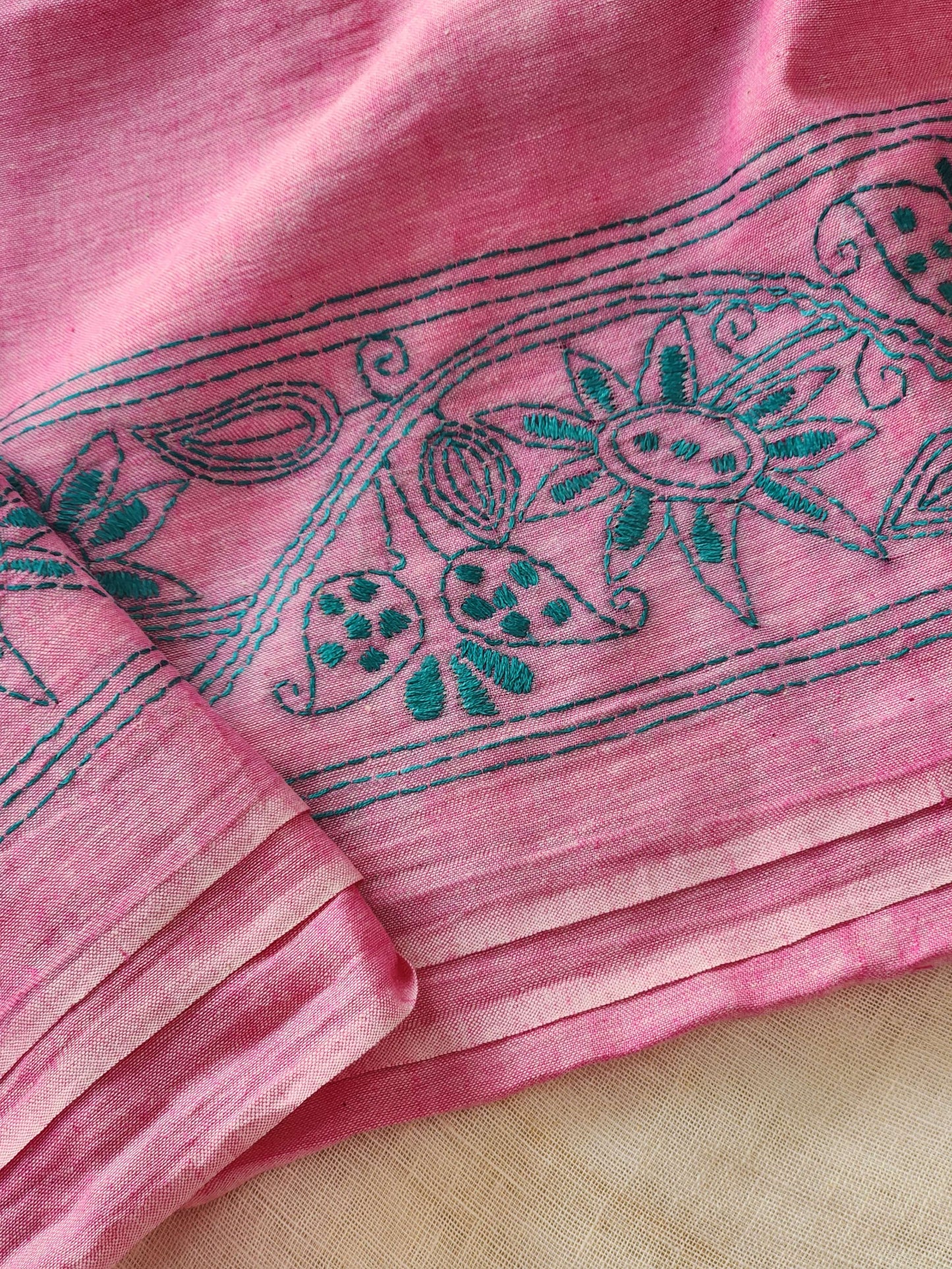 Pink Kantha Cotton Saree