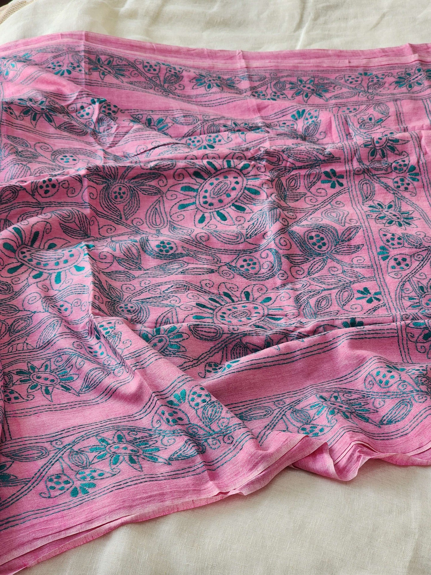 Pink Kantha Cotton Saree