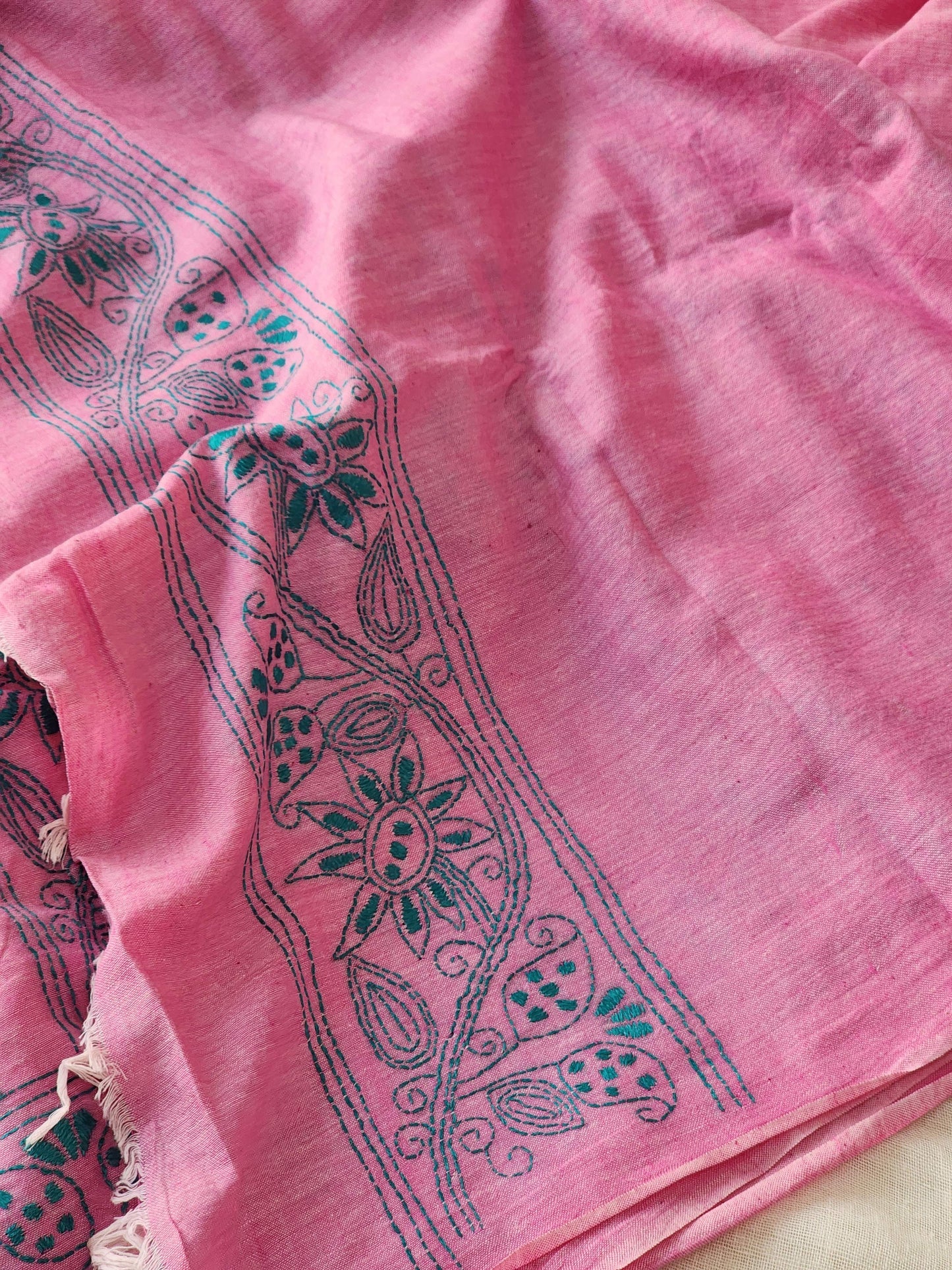 Pink Kantha Cotton Saree