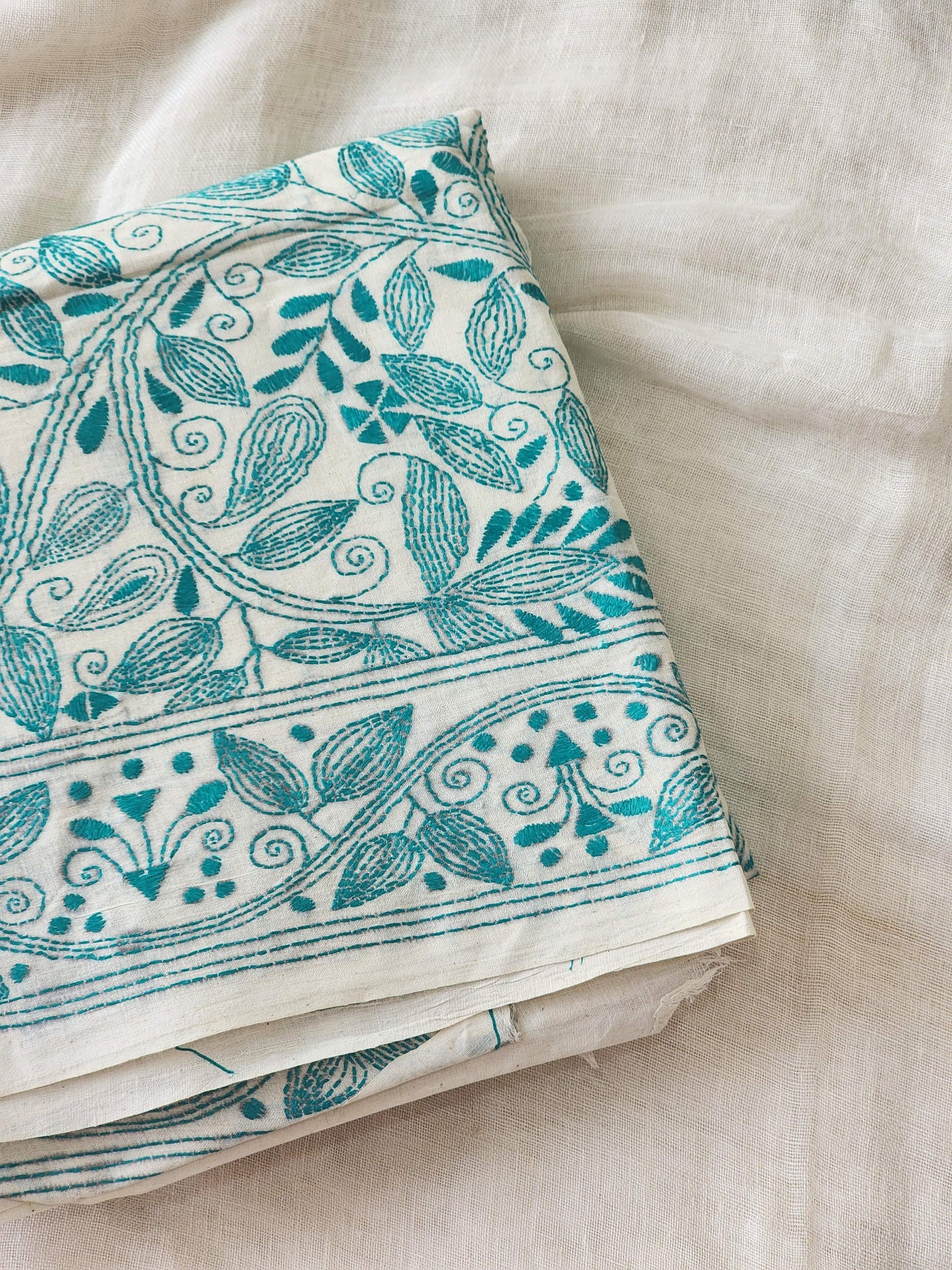 Off White Kantha Cotton Saree