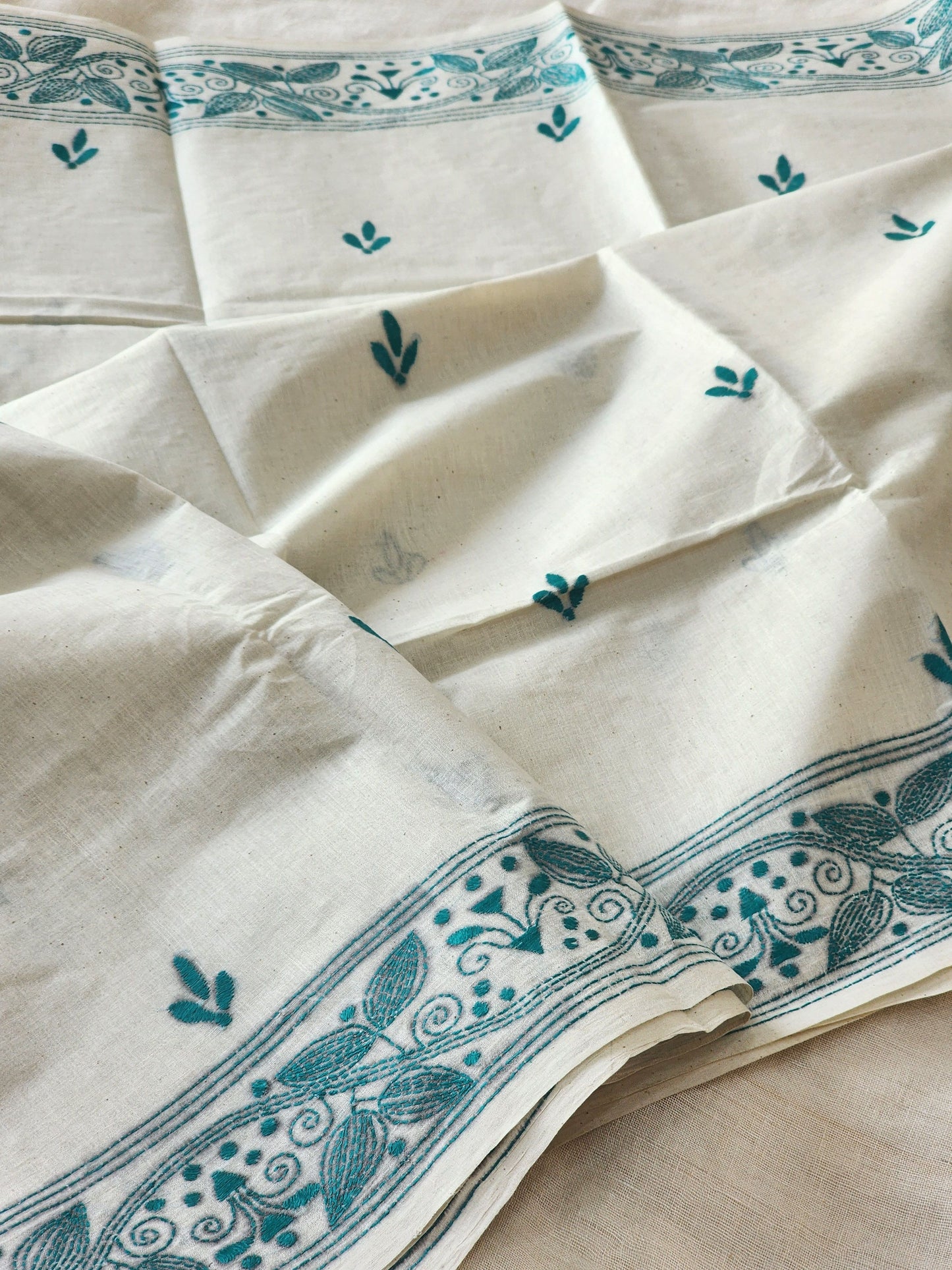 Off White Kantha Cotton Saree