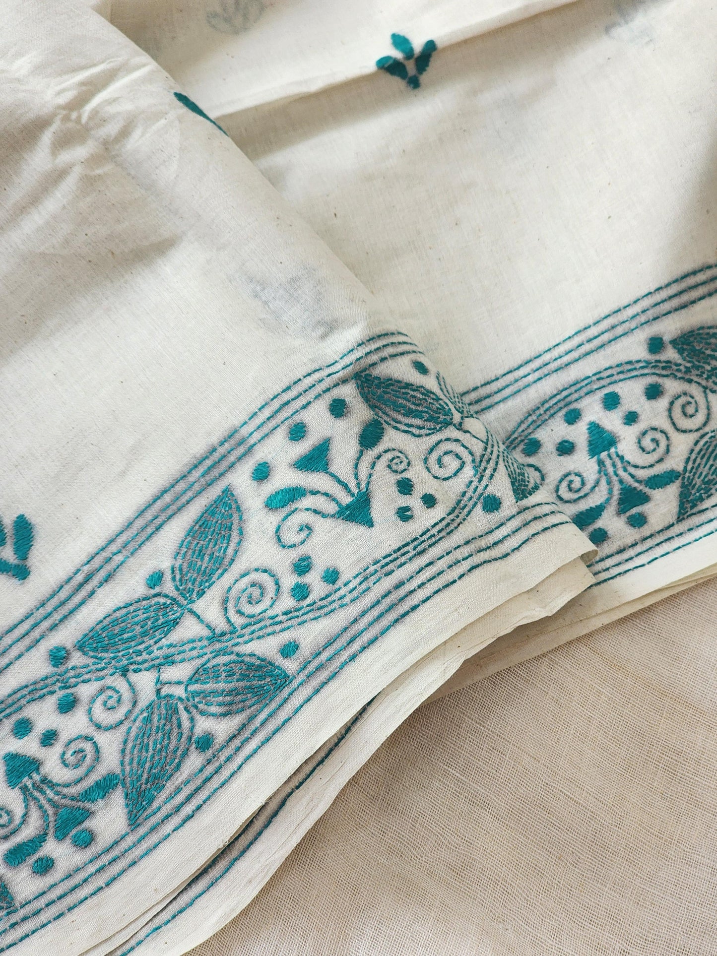 Off White Kantha Cotton Saree