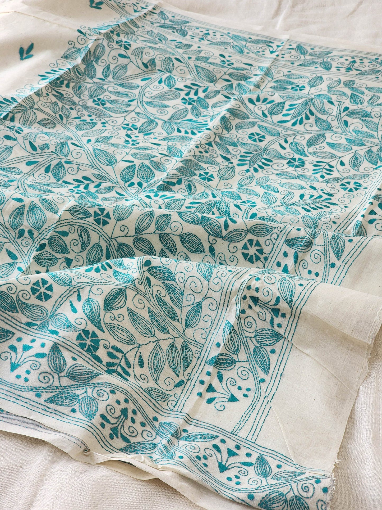 Off White Kantha Cotton Saree