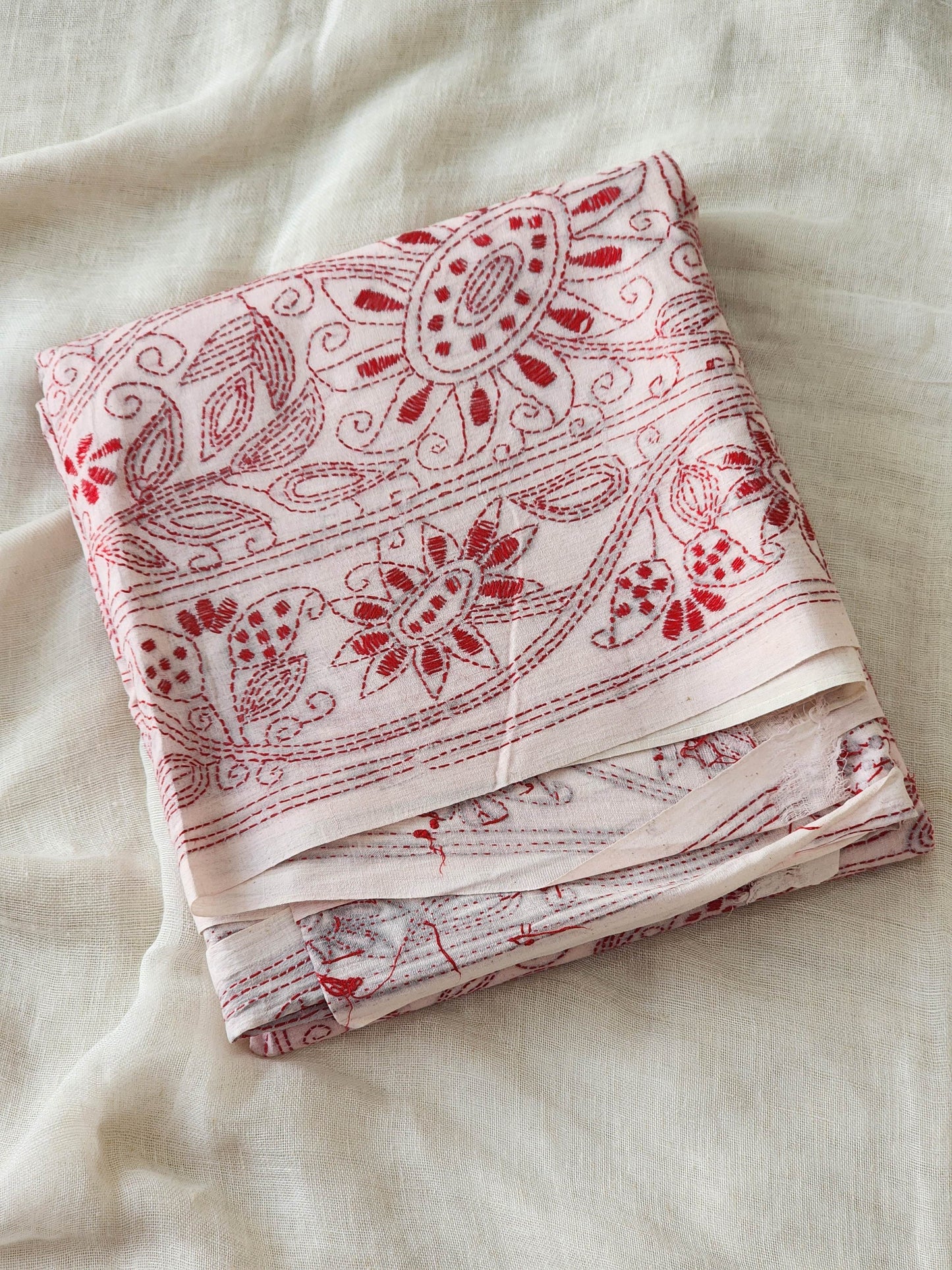 Cream Kantha Cotton Saree