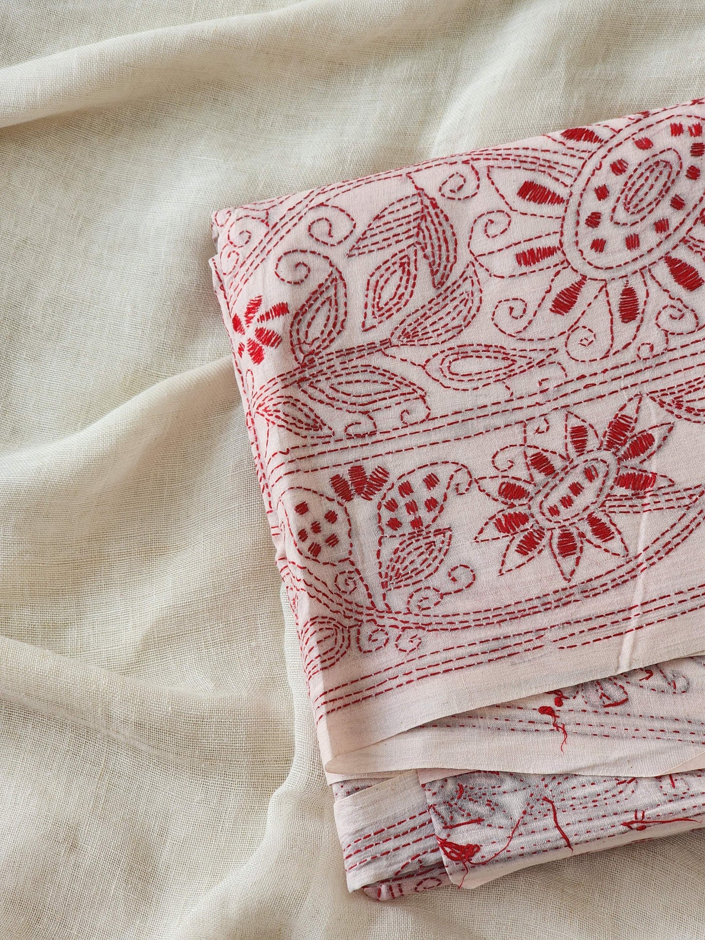 Cream Kantha Cotton Saree